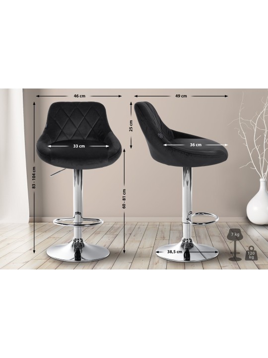 Lot de 2 tabourets de bar Lazio velours chrome, noir Lot de 2 tabourets de bar Lazio velours chrome, noir