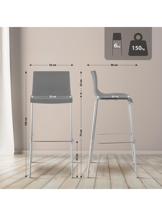 Tabouret de bar Hoover chromé structure 4 pieds, gris