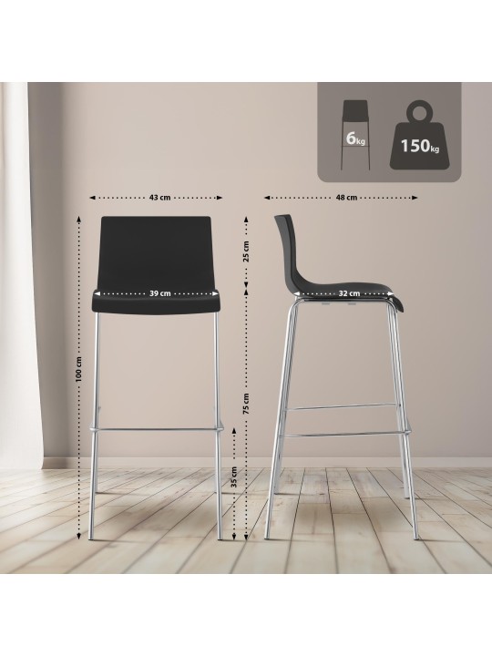 Lot de 2 tabourets de bar Hoover plastique 4 pieds structure chrome, noir Lot de 2 tabourets de bar Hoover plastique 4 pieds structure chrome, noir