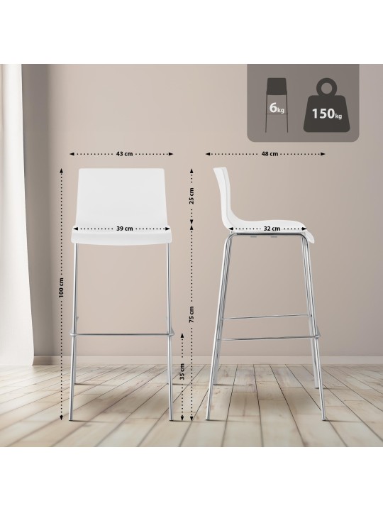 Lot de 2 tabourets de bar Hoover plastique 4 pieds structure chrome, blanc Lot de 2 tabourets de bar Hoover plastique 4 pieds structure chrome, blanc