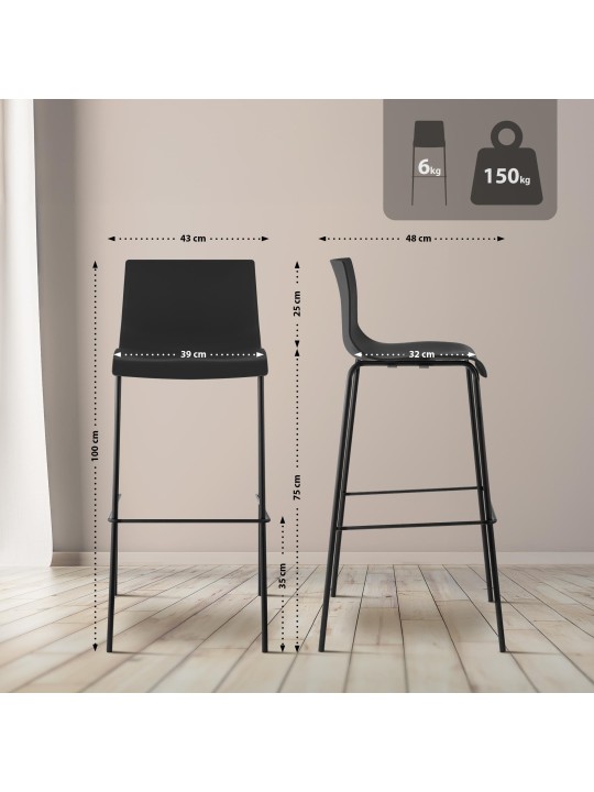 Lot de 2 tabourets de bar Hoover structure 4 pieds en plastique, noir Lot de 2 tabourets de bar Hoover structure 4 pieds en plastique, noir