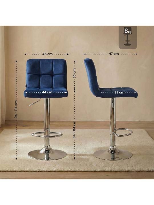 Tabouret de bar Peru velours chrome, bleu