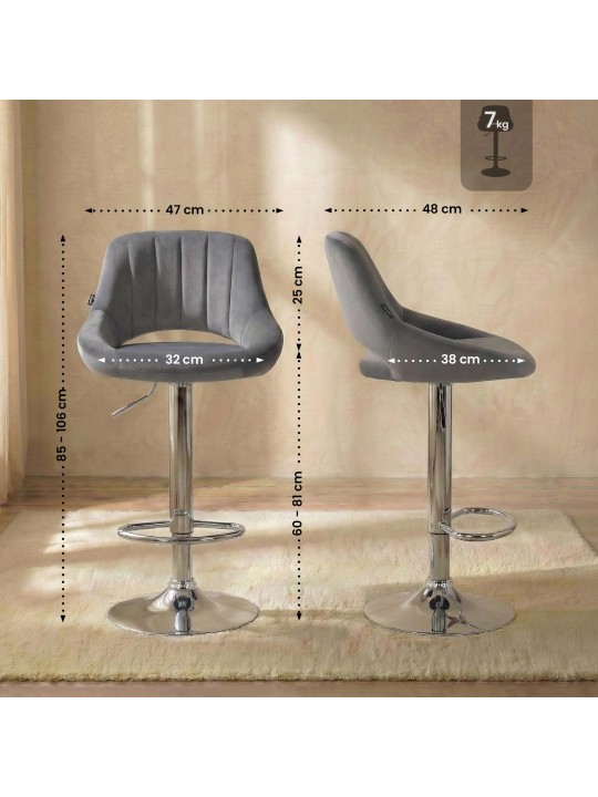Tabouret de bar Milet velours chrome, gris foncé