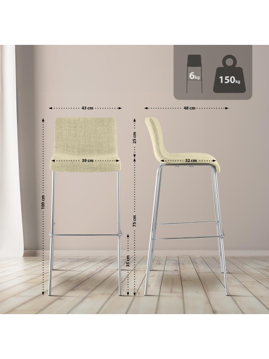 Tabouret de bar Hoover tissu 4 pieds structure chrome, crème