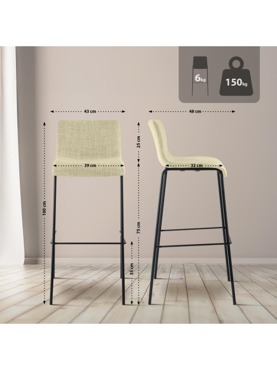 Tabouret de bar Hoover en tissu structure 4 pieds, crème