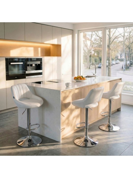 Tabouret de bar Milet simili cuir chromé, blanc