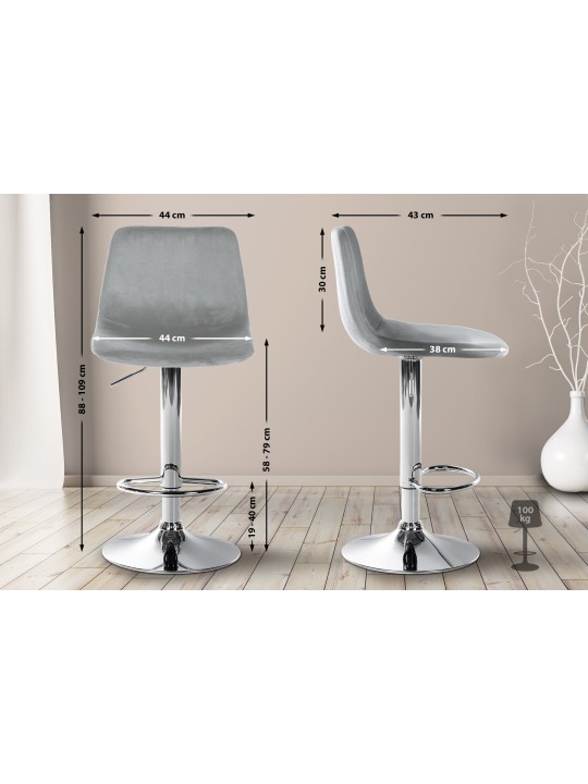 Tabouret de bar Divo velours chrome, gris