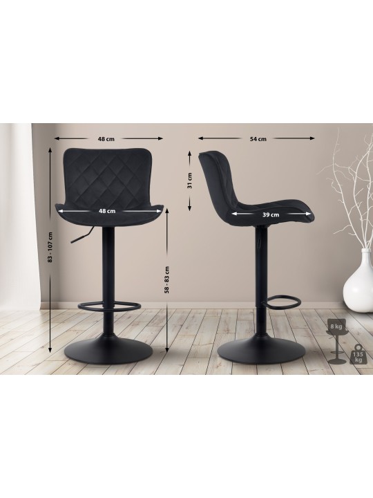 Tabouret de bar Emma velours, noir