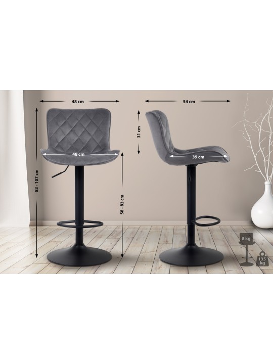 Tabouret de bar Emma velours, gris foncé