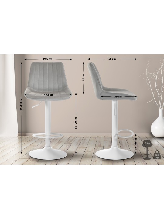 Tabouret de bar Toni velours, gris Tabouret de bar Toni velours, gris