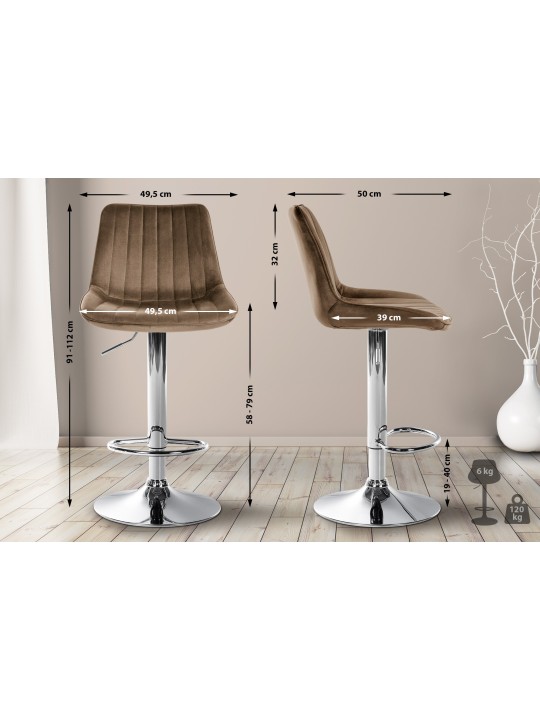 Tabouret de bar Toni velours chrome, brun