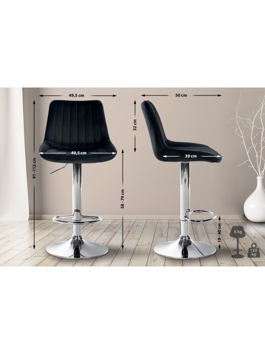 Tabouret de bar Toni velours chrome, noir