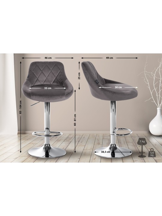 Tabouret de bar Lazio velours chrome, gris Tabouret de bar Lazio velours chrome, gris
