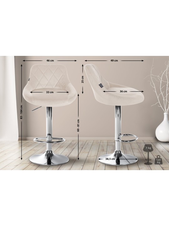 Tabouret de bar Lazio velours chrome, crème