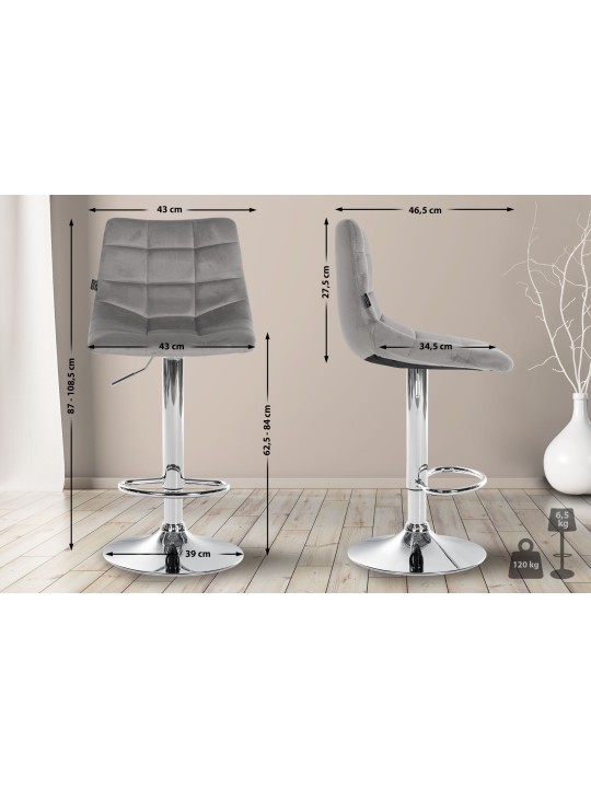 Lot de 2 tabourets de bar Jerry velours chrome, gris