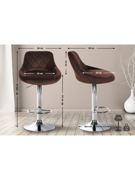 Lot de 2 tabourets de bar Lazio velours chrome, brun Lot de 2 tabourets de bar Lazio velours chrome, brun