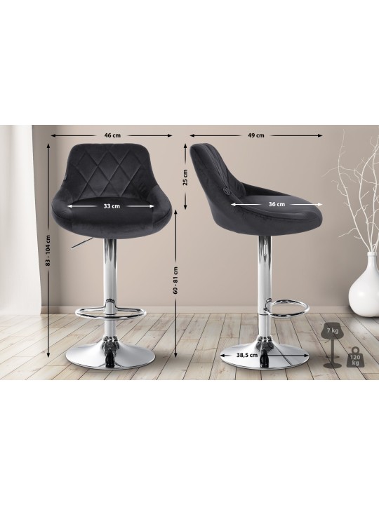 Lot de 2 tabourets de bar Lazio velours chrome, gris foncé Lot de 2 tabourets de bar Lazio velours chrome, gris foncé