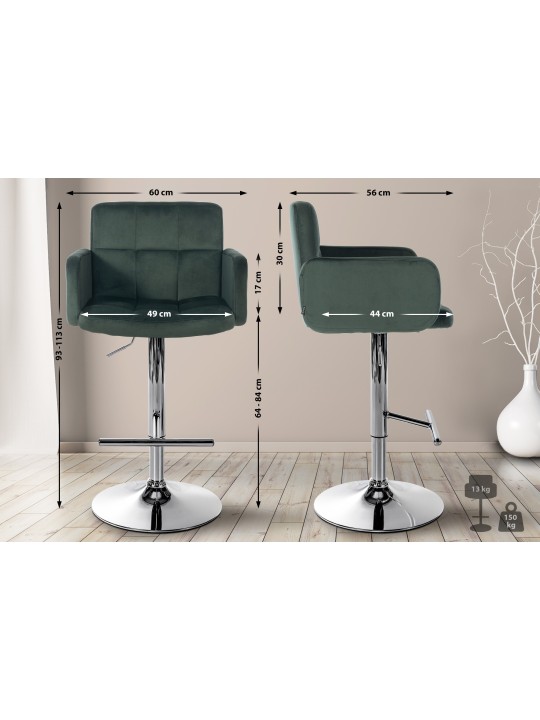 Tabouret de Bar Los Angeles Velours Chrome, vert foncé