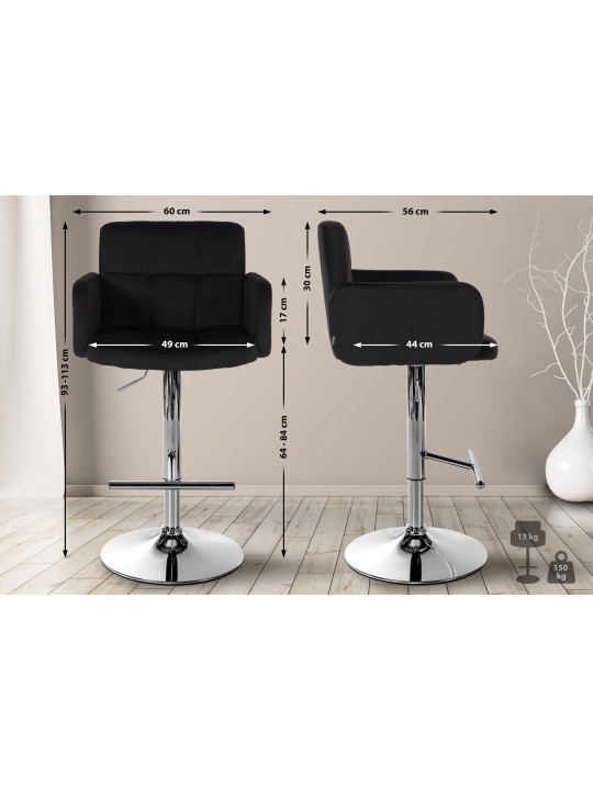 Tabouret de Bar Los Angeles Velours Chrome, noir