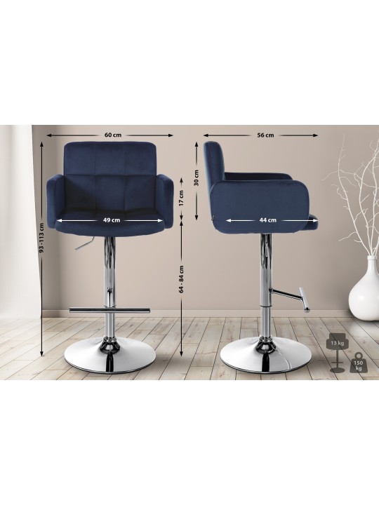Tabouret de Bar Los Angeles Velours Chrome, bleu
