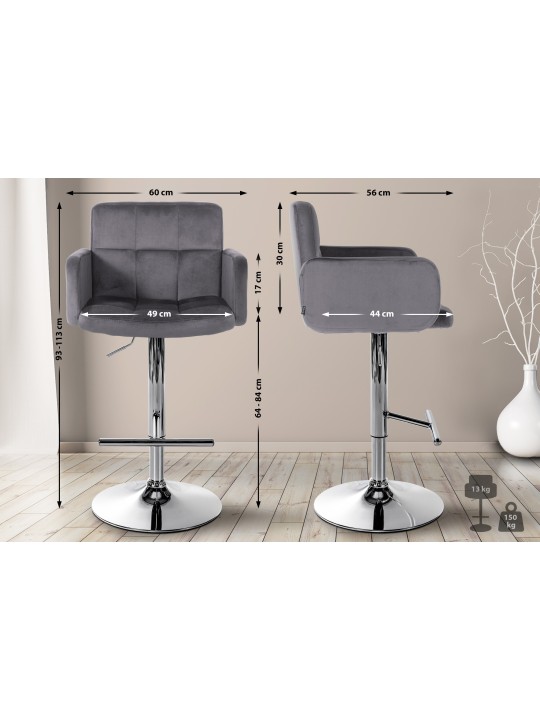 Tabouret de Bar Los Angeles Velours Chrome, gris foncé