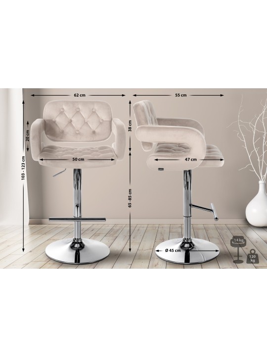 Tabouret de bar Dublin velours chrome, crème