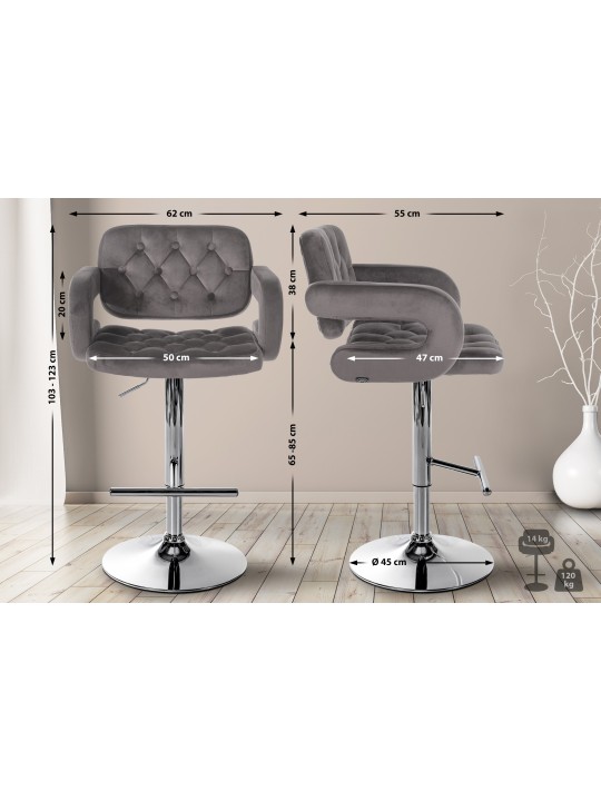 Tabouret de bar Dublin velours chrome, gris Tabouret de bar Dublin velours chrome, gris
