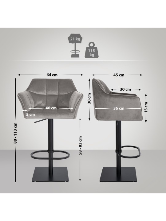 Tabouret de bar Damaso B velours, gris