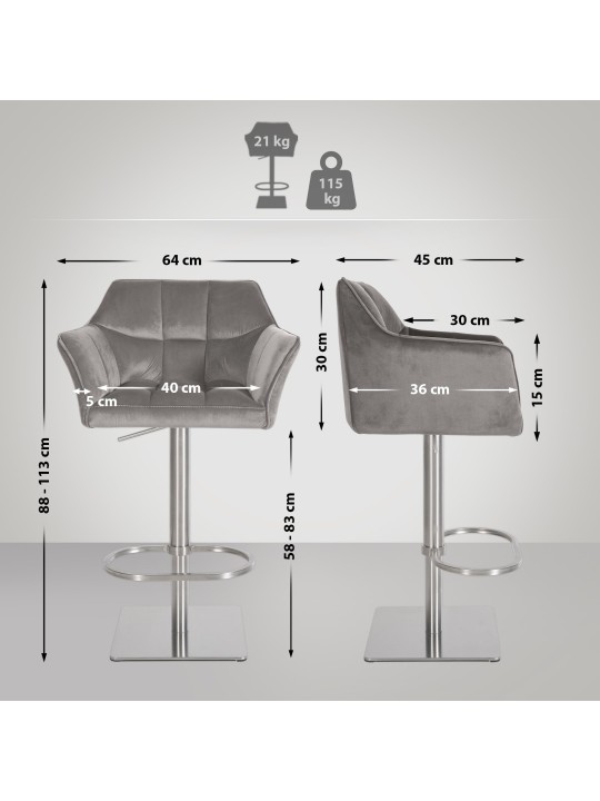 Tabouret de bar Damaso E velours, gris