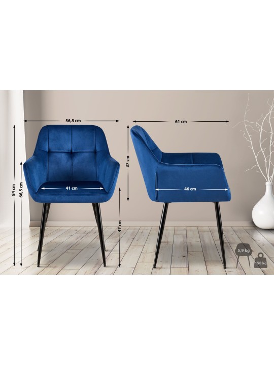 Lot de 2 chaises de salle à manger Emia velours, bleu