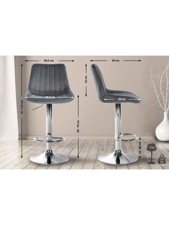 Lot de 2 tabourets de bar Toni velours chrome, gris foncé
