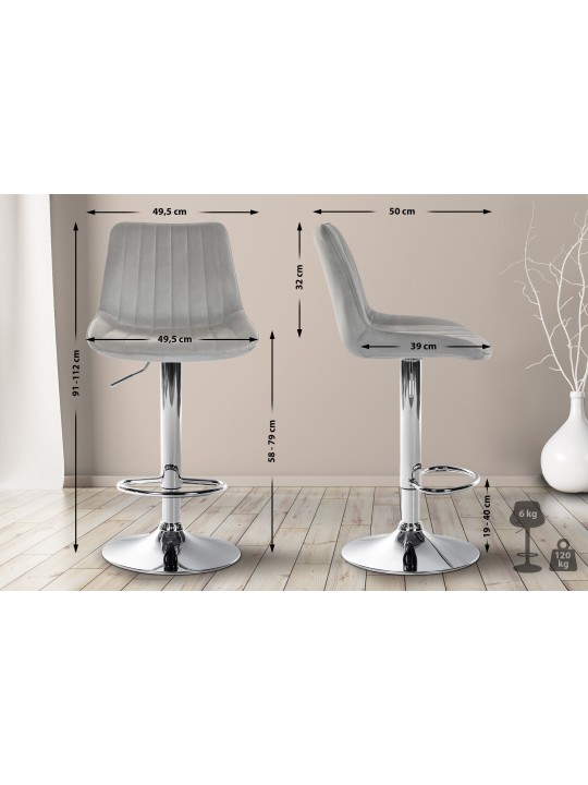 Lot de 2 tabourets de bar Toni velours chrome, gris