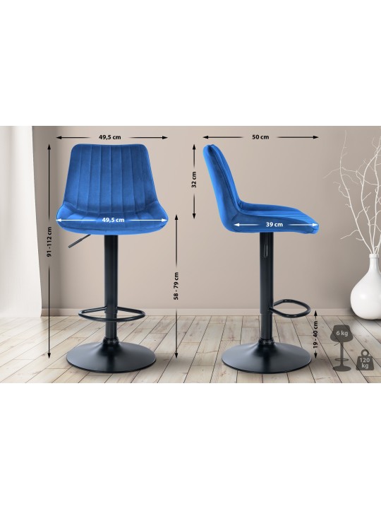 Lot de 2 tabourets de bar Toni velours, bleu