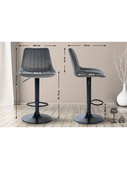 Lot de 2 tabourets de bar Toni velours, gris foncé