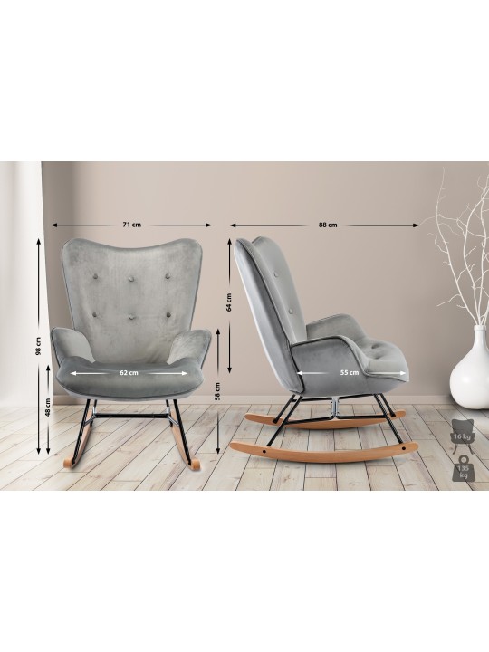 Fauteuil à bascule Sanka velours, gris