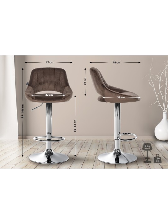 Tabouret de bar Milet velours chrome, brun