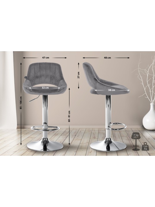 Tabouret de bar Milet velours chrome, gris foncé