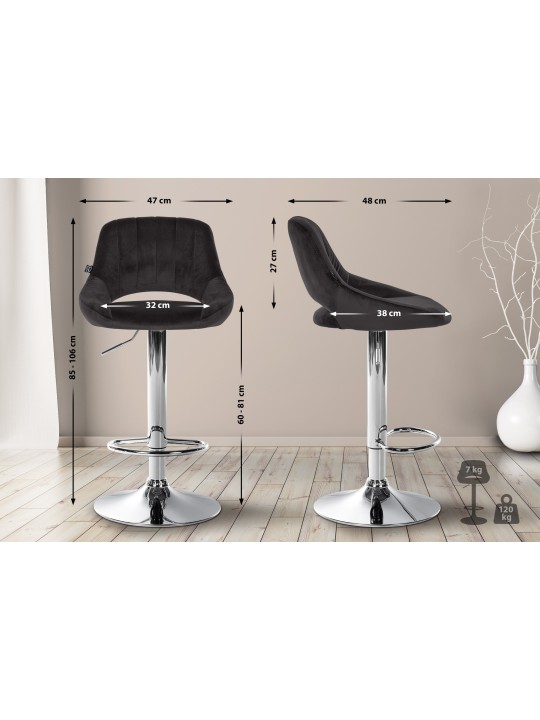 Tabouret de bar Milet velours chrome, noir