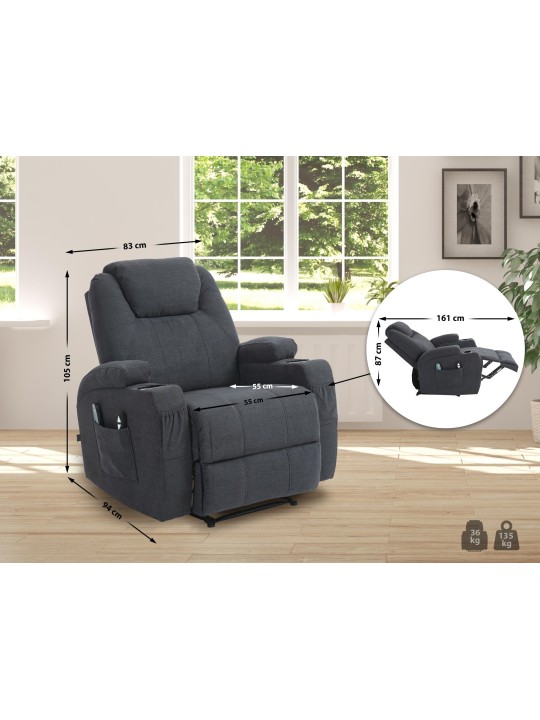 Fauteuil Hepler avec fonction massage en tissu, gris foncé