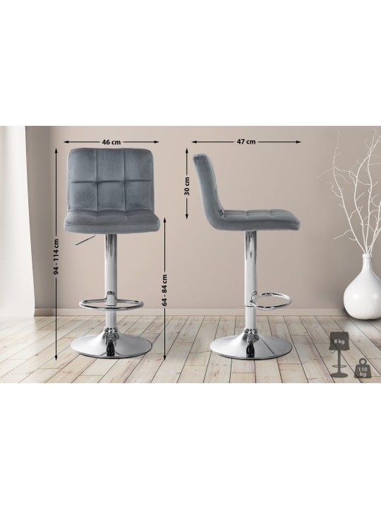 Lot de 2 tabourets de bar Peru velours chrome, gris foncé Lot de 2 tabourets de bar Peru velours chrome, gris foncé