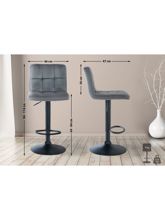Lot de 2 tabourets de bar velours Pérou, gris foncé