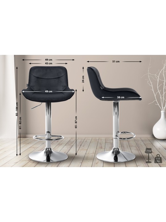 Tabouret de bar Vonore velours chrome, noir