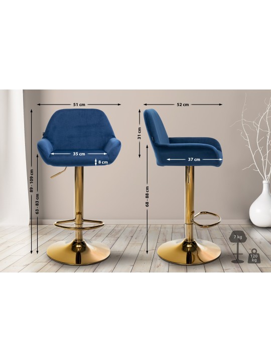 Lot de 2 Tabourets de Bar Braga Velours Doré, bleu Lot de 2 Tabourets de Bar Braga Velours Doré, bleu