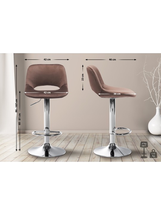 Lot de 2 tabourets de bar Camden velours chrome, brun