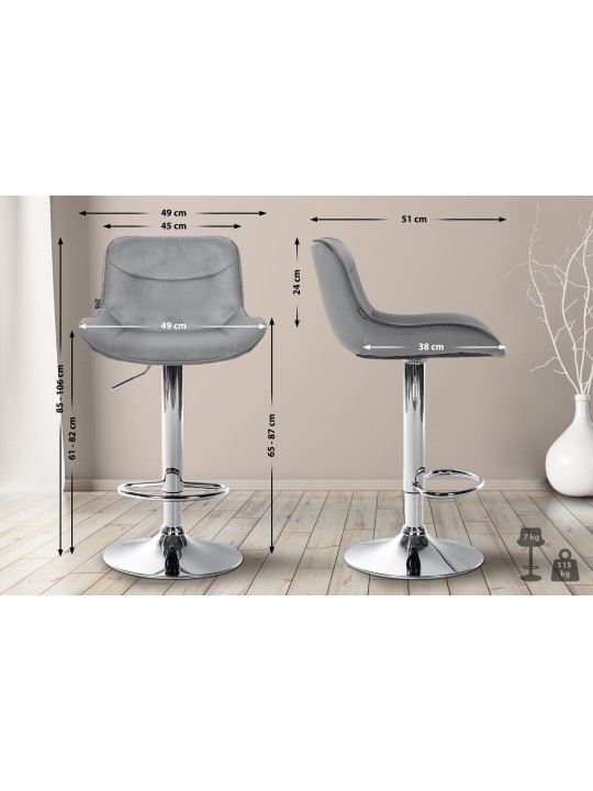 Lot de 2 tabourets de bar Vonore velours chrome, gris Lot de 2 tabourets de bar Vonore velours chrome, gris
