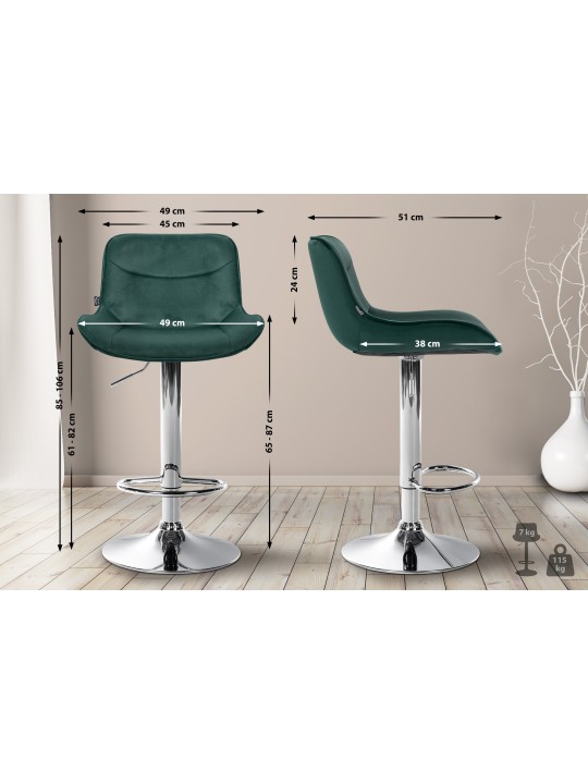 Lot de 2 tabourets de bar Vonore velours chrome, vert
