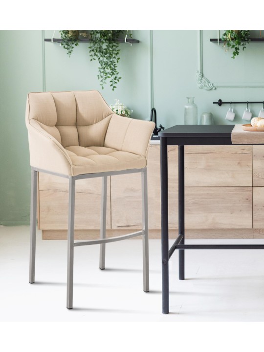 Tabouret de bar Damaso E en tissu avec structure à 4 pieds, crème