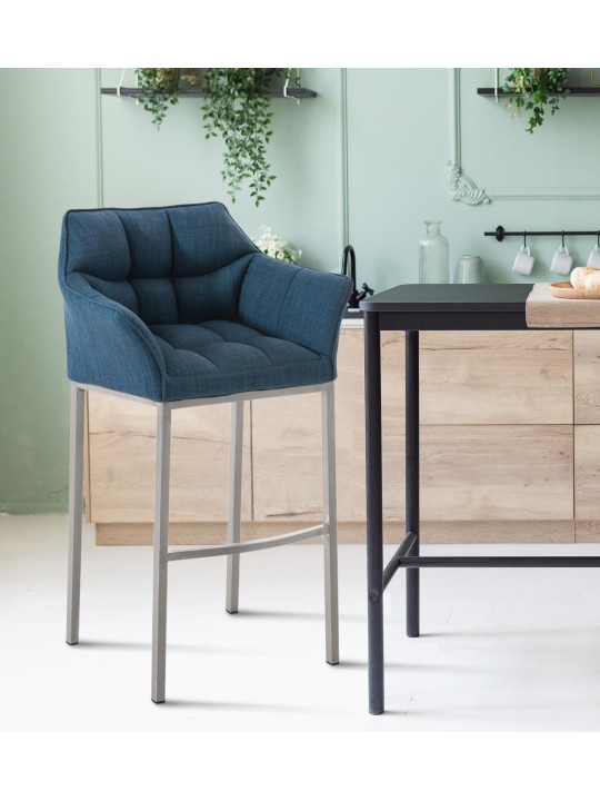 Tabouret de bar Damaso E en tissu avec structure à 4 pieds, bleu Tabouret de bar Damaso E en tissu avec structure à 4 pieds, bleu