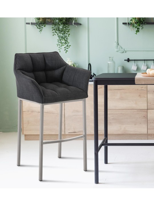 Tabouret de bar Damaso E en tissu avec structure à 4 pieds, gris foncé