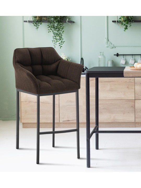 Tabouret de bar Damaso B en tissu avec structure à 4 pieds, brun